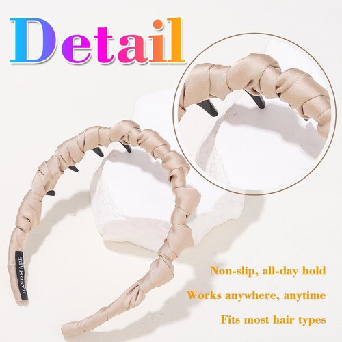 DANKORIER Non Slip Brown Headbands with Comb Pleated Hair Bands for Women 2 Pack (Beige)