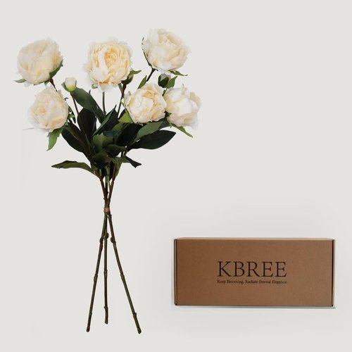 KBREE Artificial Peonies - Real Touch 25.2" Flowers, 3 Pcs Lifelike Stems for Vases & Bouquets | Cream White