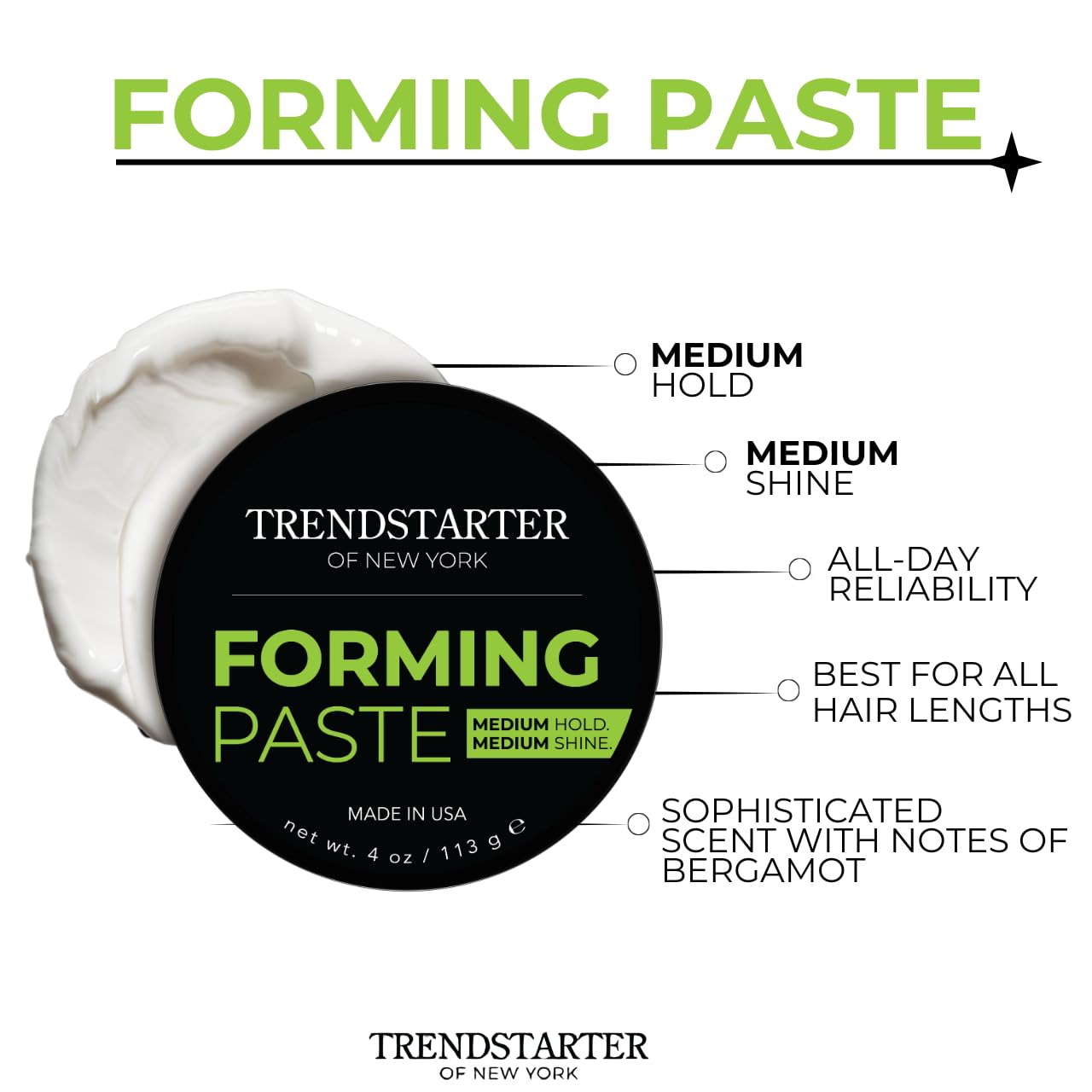 TRENDSTARTER Forming Paste - Lightweight Water-Based Hair Cream for All Hair Types - 4oz Medium Hold & Shine