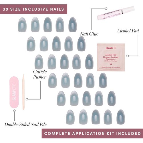 Glamnetic Press On Nails - Unicorn Tears | Short Oval, Misty-Grey Fake Nails with a Mesmerizing Metallic Finish | 15 Sizes - 30 Nail Kit with Glue
