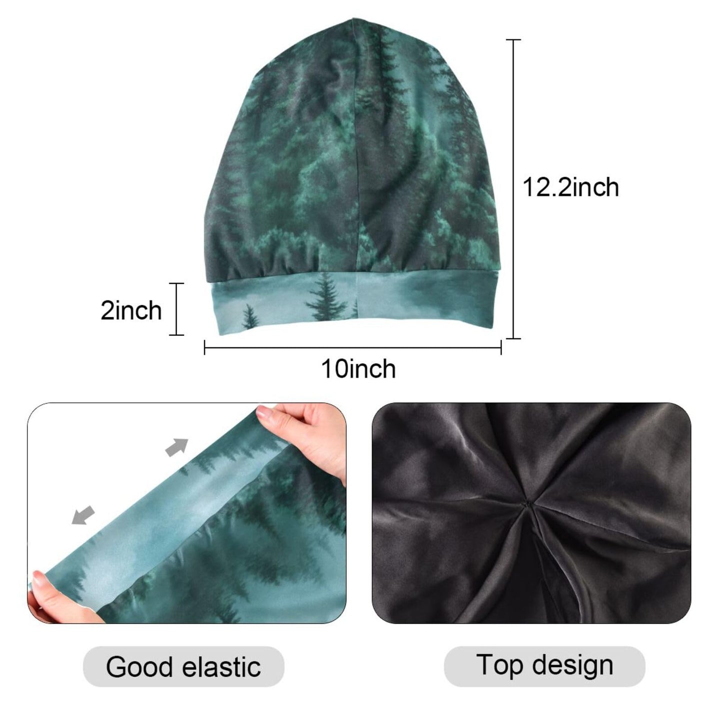 ElliTarr Beanie Hat Satin Bonnet Lined Sleep Cap Hair Wrap Cover Slouchy Beanie for Curly Hair Protection for Gifts for Men Women Foggy Green Mountains and Pine Trees