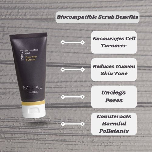 MILAJ Evolve Biocompatible Face Scrub - Charcoal & Cherry Water Exfoliator for Pore Cleansing | 2fl oz