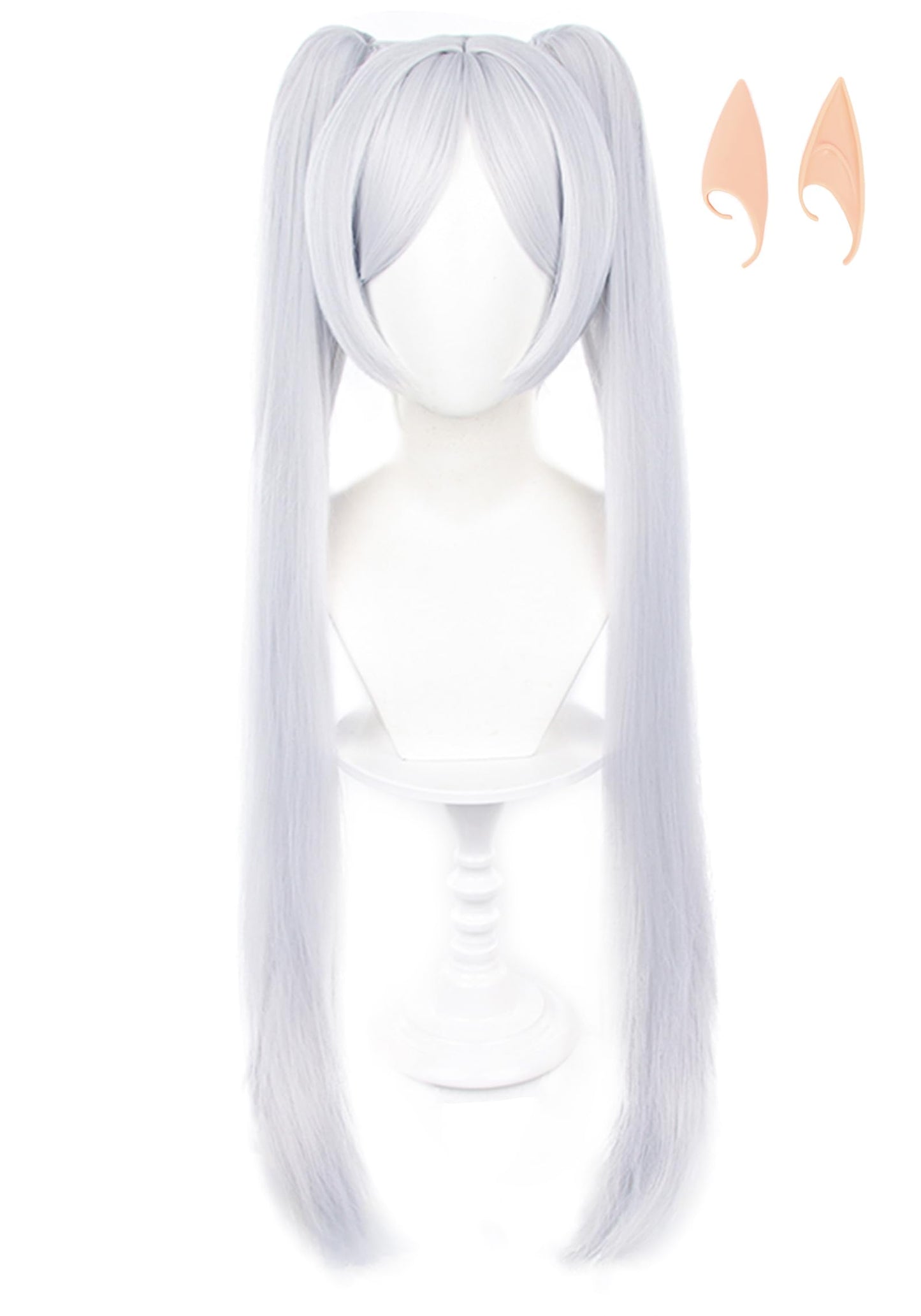 C-ZOFEK Cosplay Wig with Elf Ears Long Silver Wig Ponytails with Bangs for Halloween Costume Party (Silver)