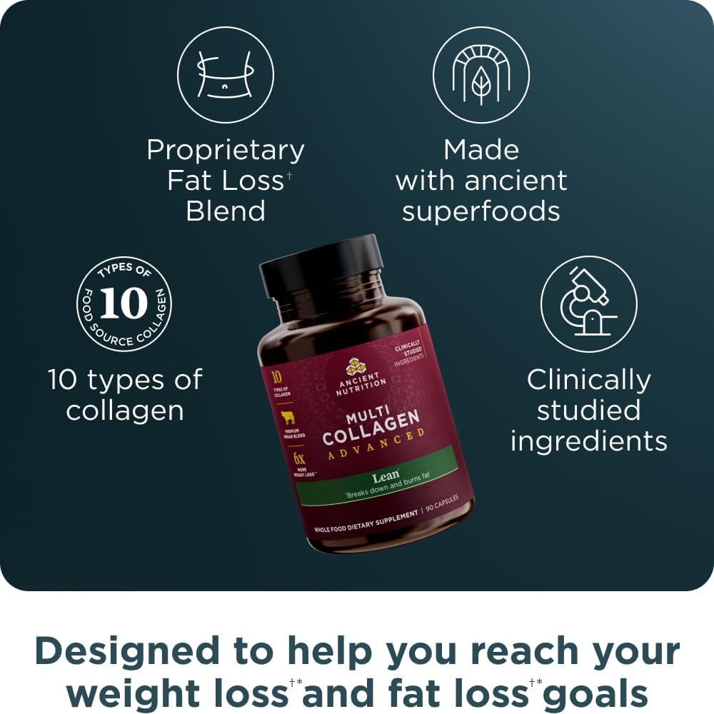 Ancient Nutrition Multi Collagen - Advanced Lean Formula with Probiotics for Healthy Weight Loss | 90 Count