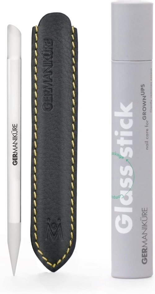GERMANIKURE Clear Glass Cuticle Stick - Ethically Made Cuticle Pusher & Remover | Leather Sleeve Included