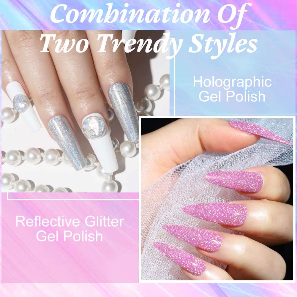 MIZHSE 6 Glitter Gel Nail Polishï¼?6 Holographic Gel Nail Polish, Sparkle Shiny Glitter Gel Polish Glossy Nail Lacquer Rainbow Iridescent Nail Pigment Soak Off Nail Art Gift for Ladies