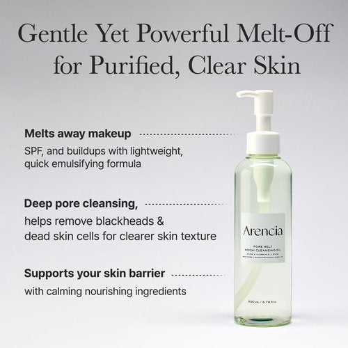 ARENCIA Pore Melt Cleansing Oil - Non-Comedogenic Makeup Remover with Rice Amino Acids & Vitamin E, 6.76 fl oz