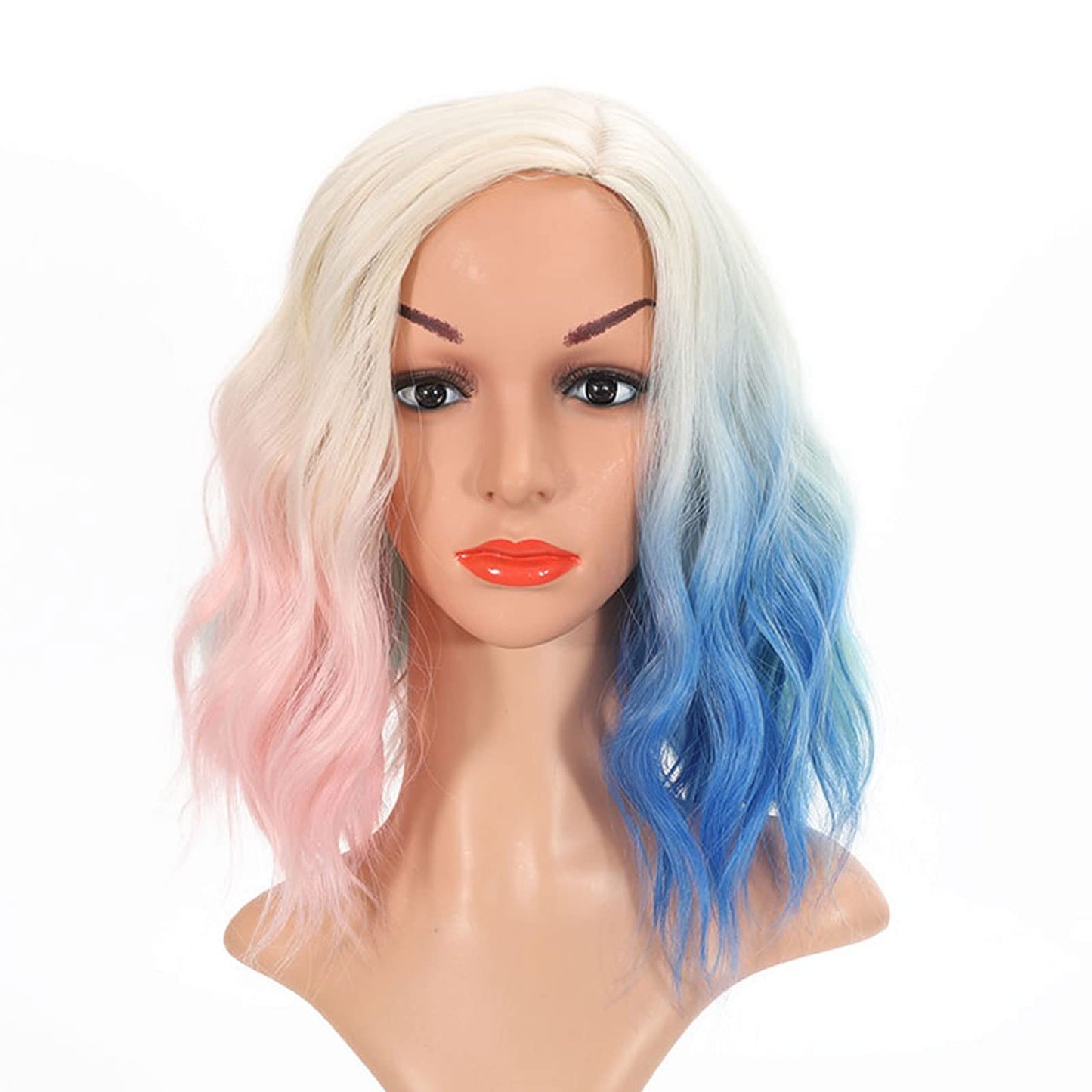 FATMAUI Women Side Part Omber Blue Pink Mint Mixed Bob Synthetic Realistic Halloween Costume Pelucas Girls Cosplay Short Wig (Blue and Pink)