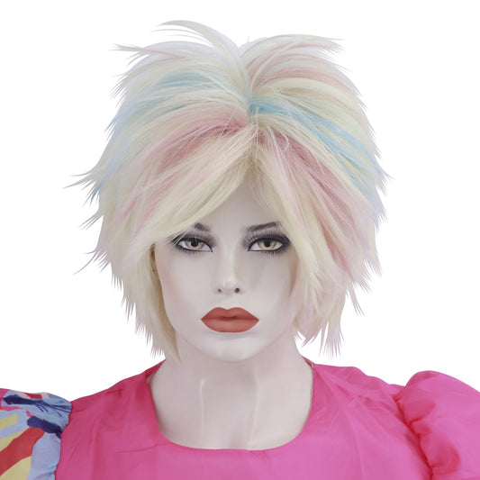 Cfalaicos Heat Resistant 12 INCH Short Blonde Pink Blue Cosplay Wig for Women Spiky Colorful Cosplay Wigs for Adult Halloween Movie Party (Colorful Wig)