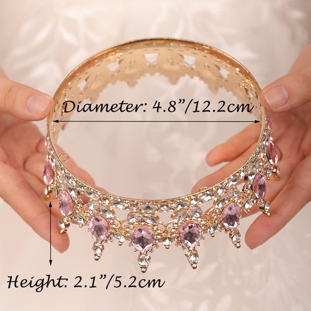 JWICOS Crystal Tiara for Women Rhinestone Bridal Wedding Full Round Tiara Hair Accessories for Girls Princess Tiara Crown Headband for Birthday Party Halloween Costume Prom (Pink)