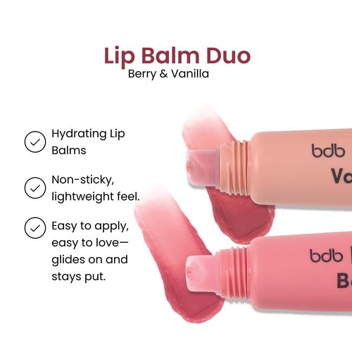 bdb Lip Balm: Berry and Vanilla - Tinted & Hydrating, Sheer Color, Non-Sticky, 2-Pack