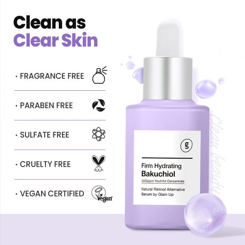 Glam Up Bakuchiol Serum - Anti-Aging Retinol Alternative with Hyaluronic Acid | Hydrates & Soothes Skin (1.01 Fl Oz)