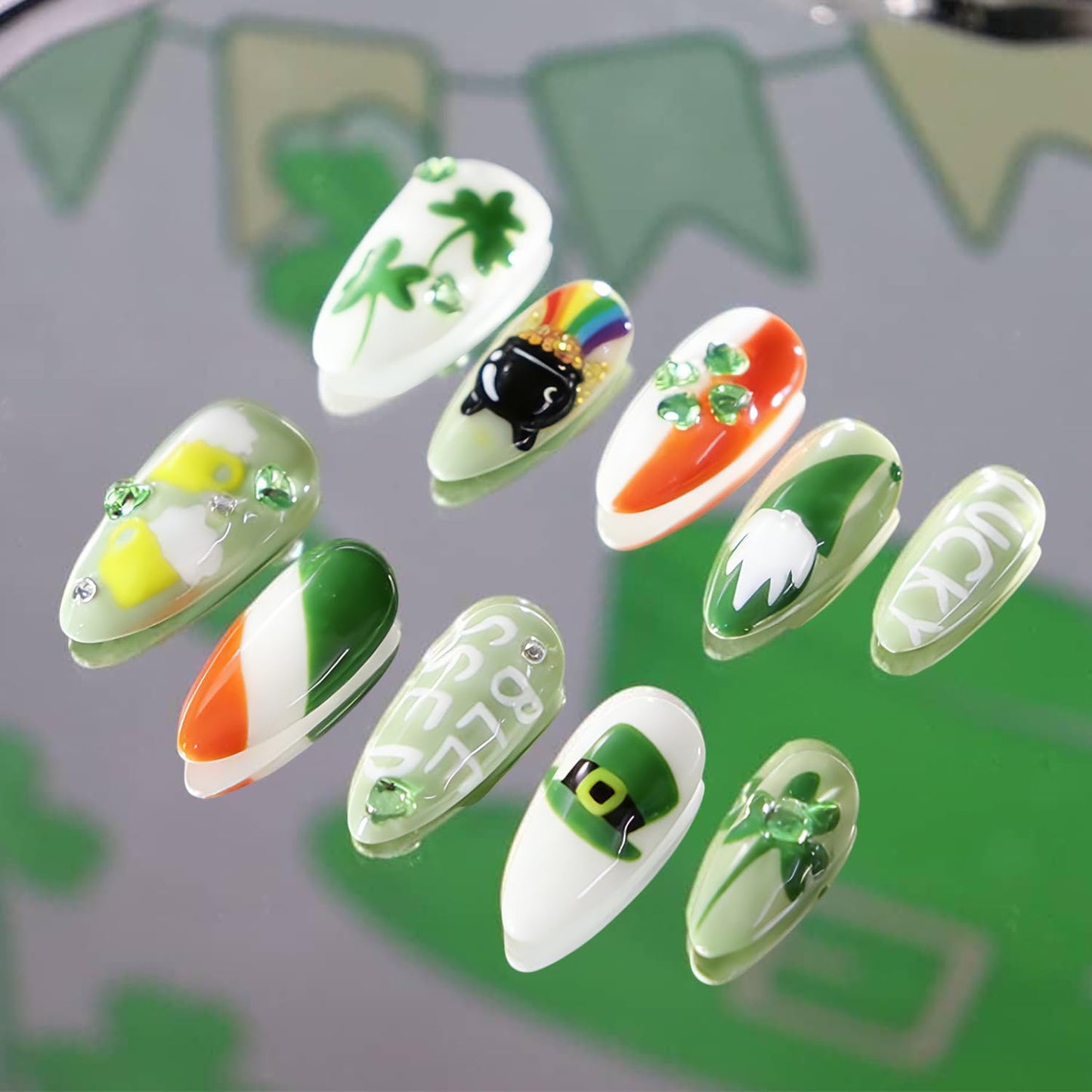 24Pcs St Patrick's Day Press on Nails Short Square Gold French Tip Fake Nails with Gold Rhinestones Horseshoe Rainbow Shamrocks False Nails St Patricks Day Acrylic Nails Irish Stick on Nails for Women