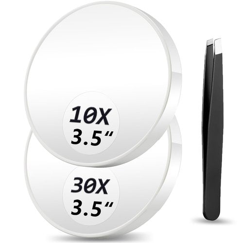 Magnifying Mirror 10X&30X Set, Magnified Mirror 3.5" with Two Suction Cups and Tweezers, Travel Magnifying Mirror Set Comes with Portable Storage Bag, Compact Small Magnifying Mirror for Travel(White)