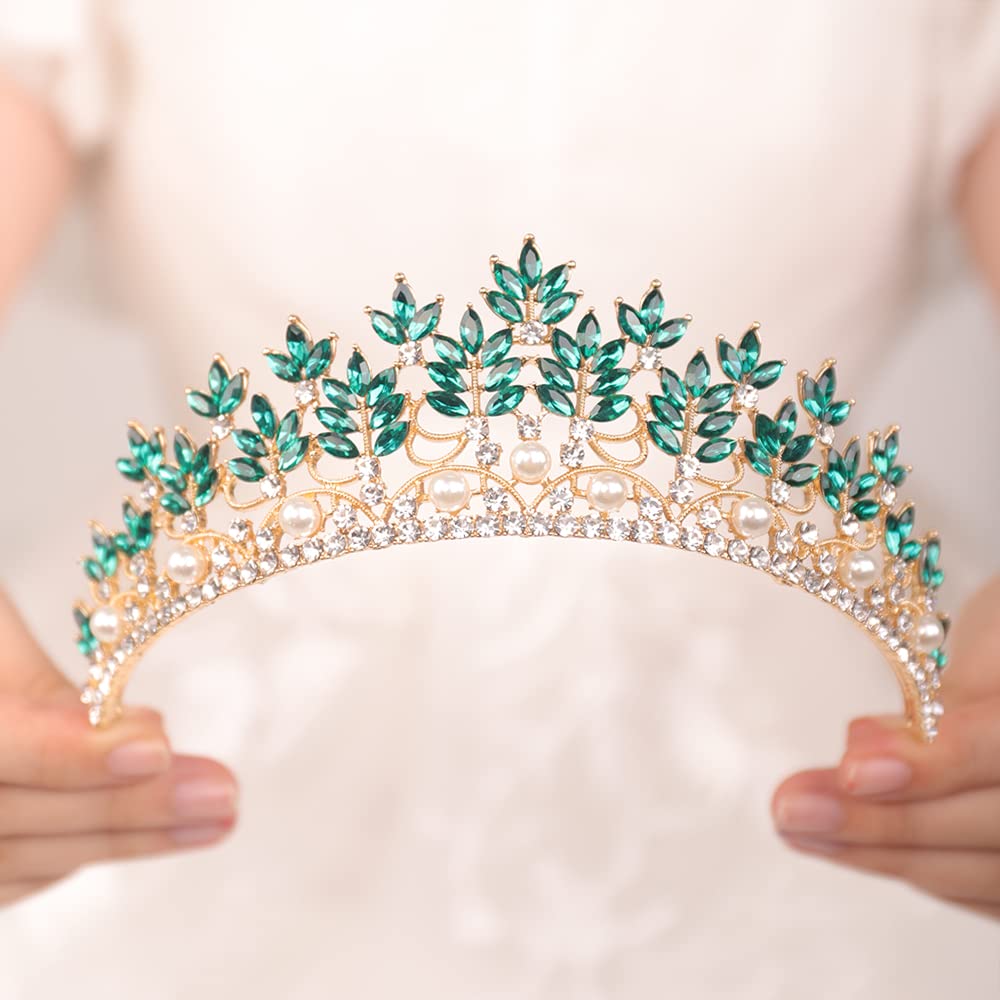 JWICOS Baroque Tiara Crown for Women Pearl Floral Queen Crown Bridal Headpieces for Brides and Bridesmaid Royal Accessories for Birthday Prom Pageant Party Gift (Emerald Green)