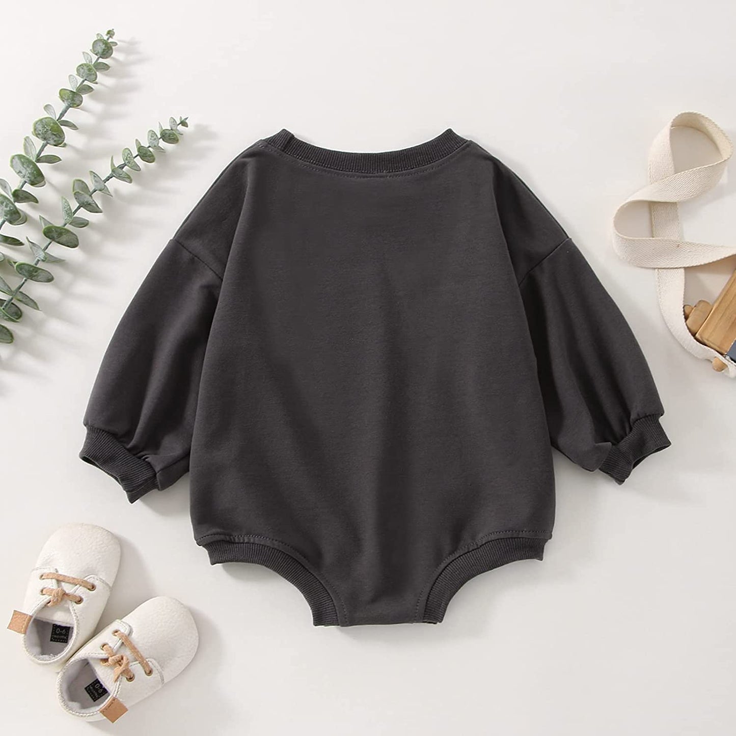 DOSYZTO Baby Boy Girl Fall Outfit Long Sleeve Bubble Romper Sweatshirt Top Solid Color Jumpsuit Infant Bodysuit Clothes (Solid Dark Gray Romper,12-18 Months)