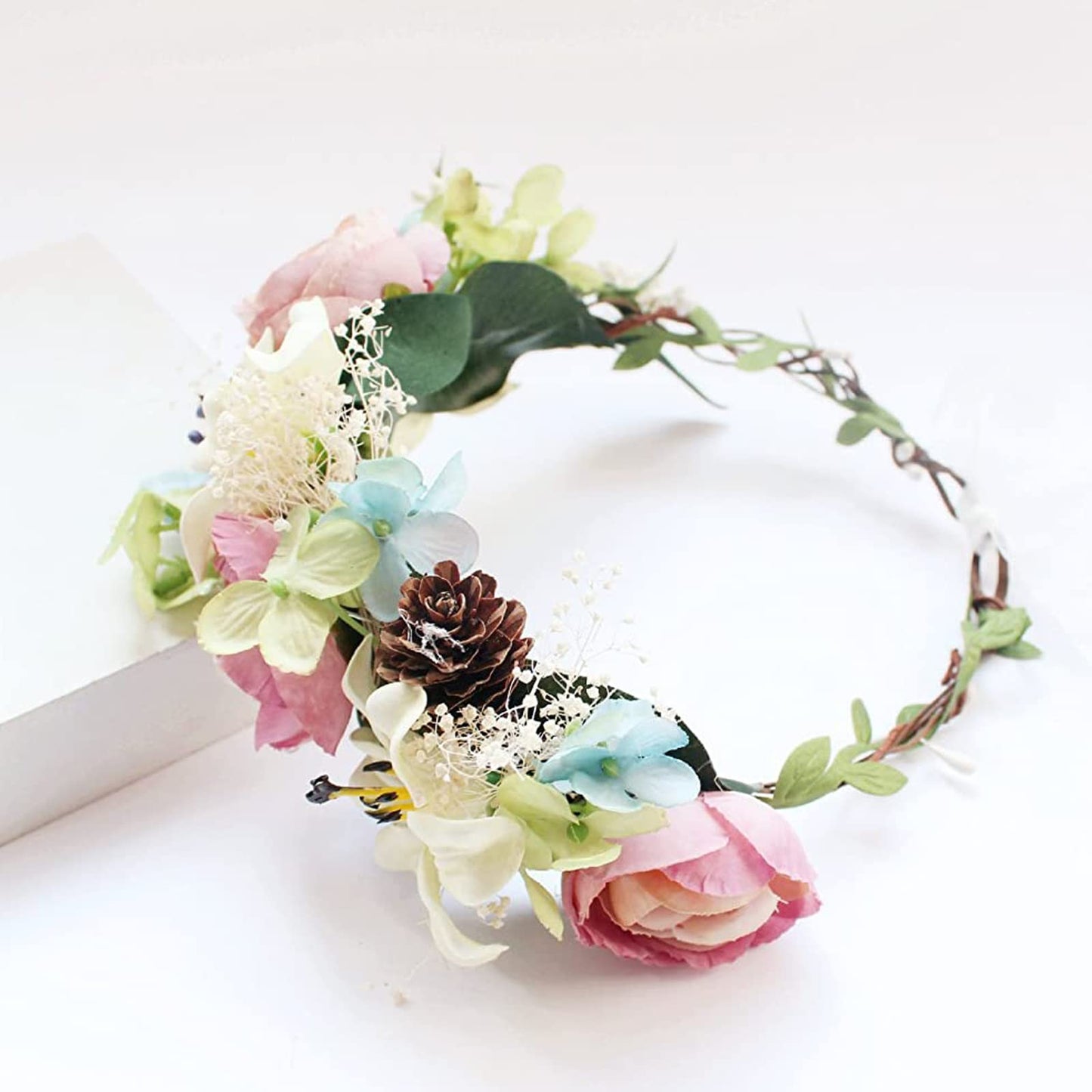 YnimioAOX Handmade Adjustable Flower Wreath Headband Halo Floral Crown Garland Headpiece,A18-pink/light green