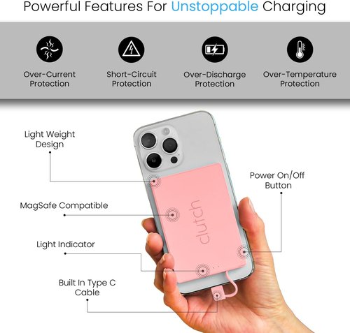Clutch Pro Portable Charger - World's Thinnest 5000mAh USB-C Power Bank - Magnetic Cable - Pink