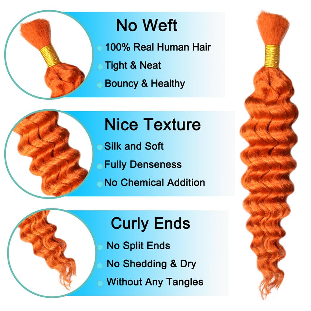 Niviorvan 350 Ginger Orange Human Braiding Hair 18 Inch 1 Bundle 50 g Deep Wave Bulk Human Hair for Braiding No Weft Curly Human Hair Extensions for Boho Braids Wet and Wavy Human Hair Braiding Hair