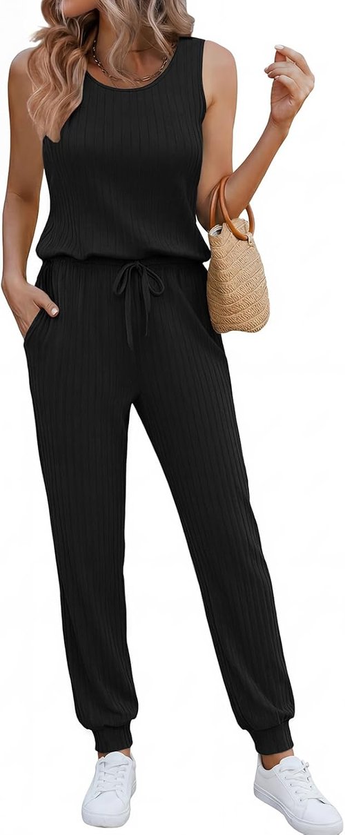 Ekouaer Jumpsuit for Women - Casual Summer Sleeveless Ribbed One-Piece Romper | Perfect for Vacation & Travel