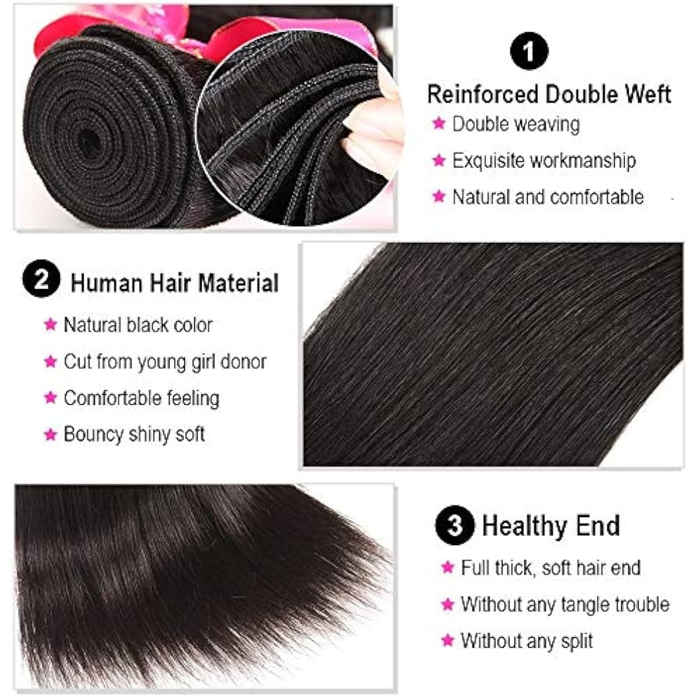 Straight Human Hair Bundles 3 Bundles 24 26 28 Inch 100% Unprocessed Brazilian Virgin Straight Weave Bundles Extensions For Women Natural Color