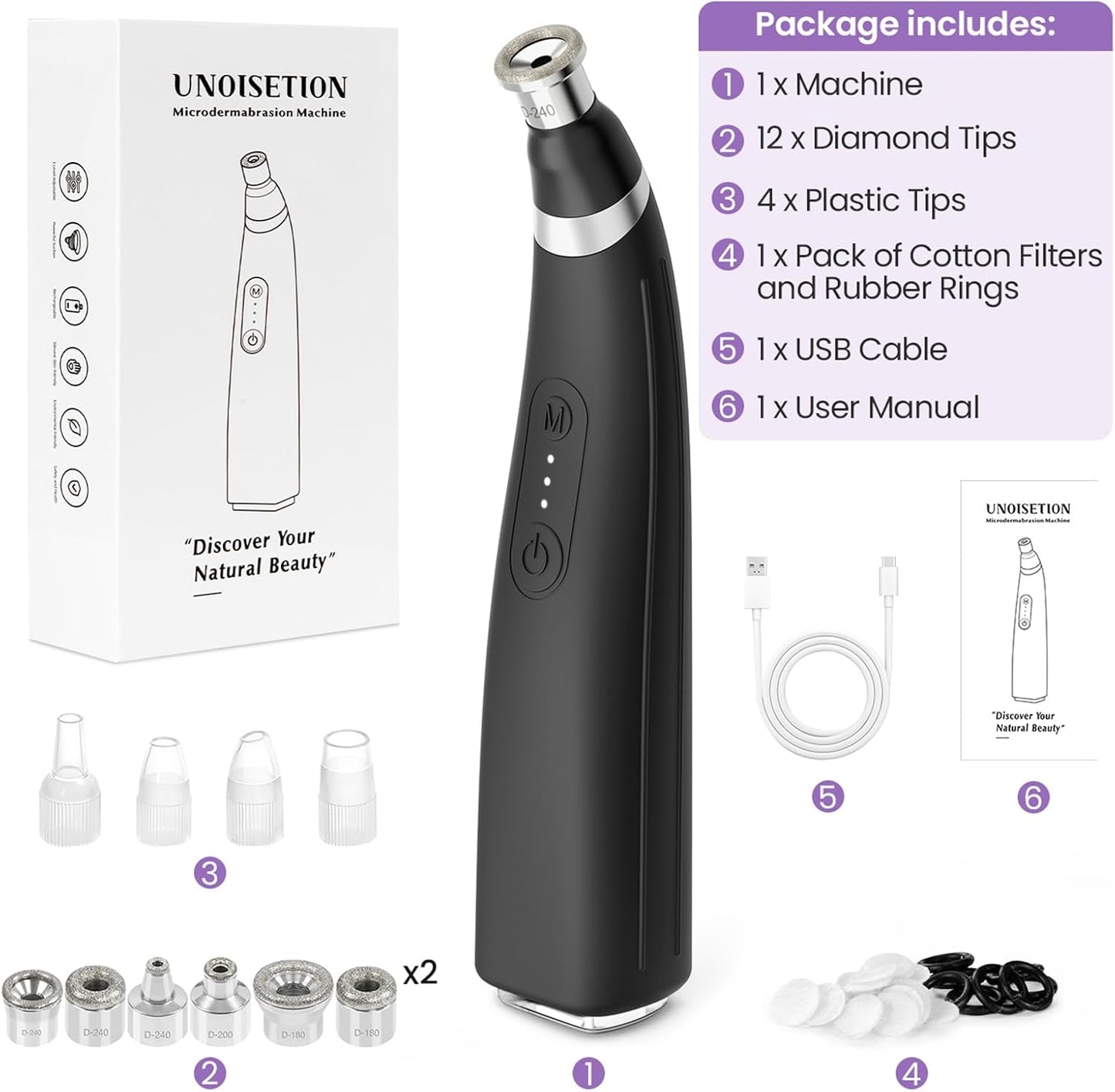 UNOISETION Diamond Microdermabrasion Machine - Rechargeable Facial Tool with 12 Tips for Home & Travel