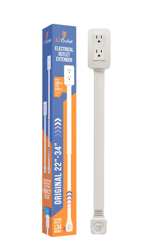 EZ Outlet Electrical Outlet Extender. Access Hard-to-Reach Outlets! Features USB-A, USB-C, and 2 AC Outlets, Extends 22"-34", Rotates 180°. Use Behind Couches, Nightstands, Desks, and More.