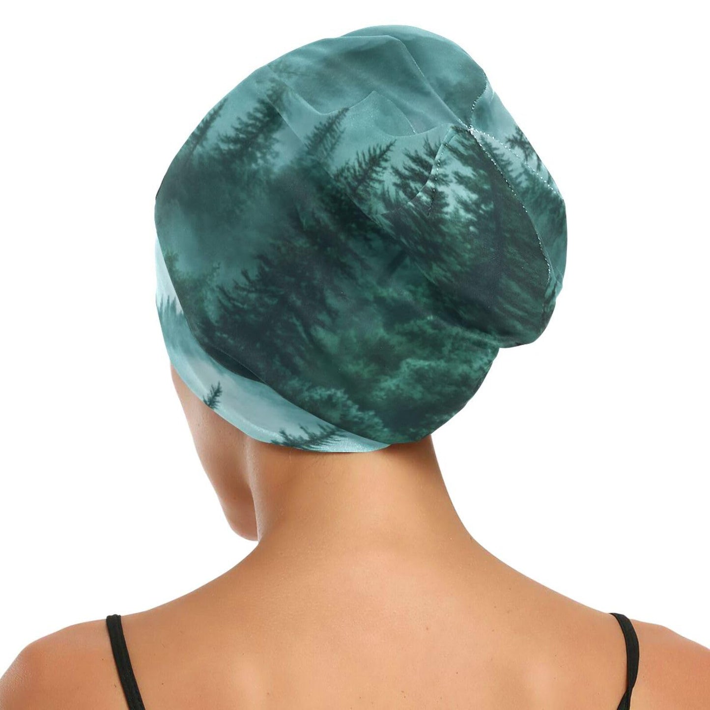 ElliTarr Beanie Hat Satin Bonnet Lined Sleep Cap Hair Wrap Cover Slouchy Beanie for Curly Hair Protection for Gifts for Men Women Foggy Green Mountains and Pine Trees