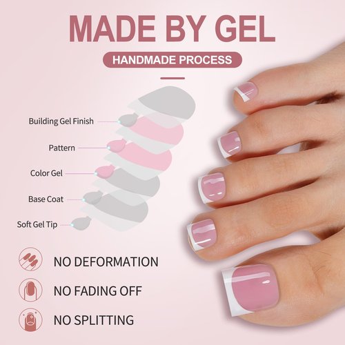 Misssix French Tip Press on Toe Nails, French Square Toe Nail Tips, Soft Gel False Toenail, Acrylic Soak off Fake Toe Nails for Women Nail Art DIY 15 Sizes