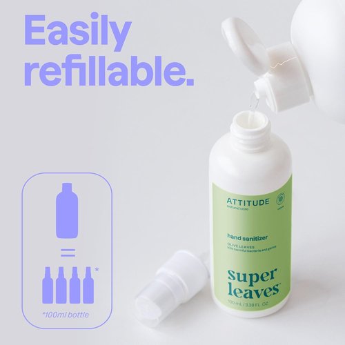ATTITUDE Hand Sanitizer Spray, EWG Verified, Kills Germs & Bacteria, Vegan & Plant-Based, Safe for Adults & Kids, Olive Leaves Scent, 3.38 Fl Oz (Spray Bottle)