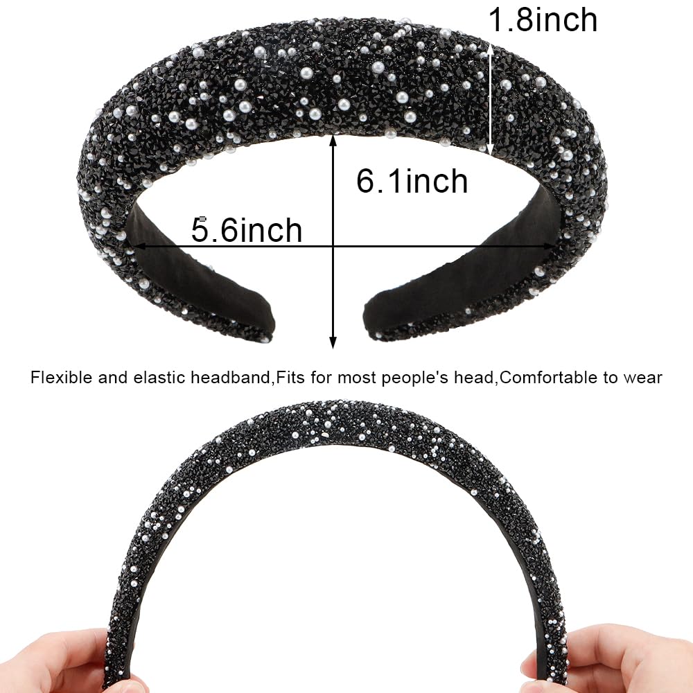 AHONEY 2 Pack Rhinestone Headband Women Girls Thick Padded Headband, Sequin Beaded Pearls Head Band Glitter Cute Headband Birthday Prom Hair Accessories For Women Girls (Black&Grey)