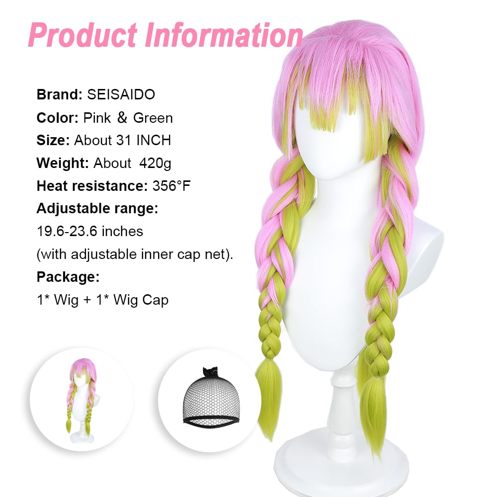 SEISAIDO Kanroji Mitsuri Wig DS Green and Pink Ombre 3 Pre-BraiDemon Slayer Characters Play Anime Cosplay Wigs Halloween Costume Party Christmas Gift Heat Resistant 80cm + wig cap