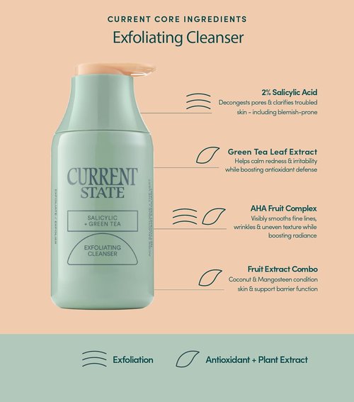 Exfoliating Face Wash - 2% Salicylic Acid Cleanser and Green Tea by Current State | Acne Wash | Pore Minimizer For Face | 5.1 fl oz. Made In The USA