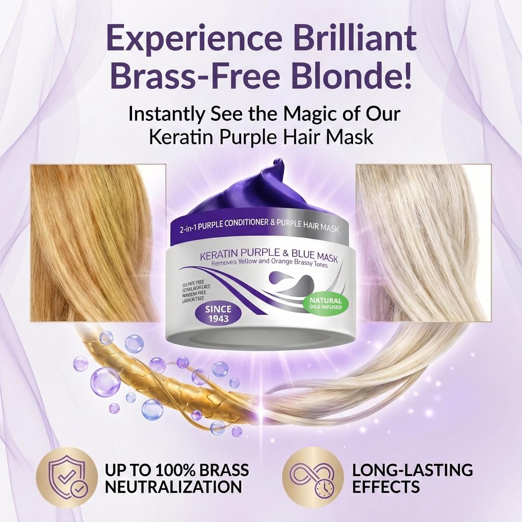 VITAMINS Keratin Purple Hair Mask - Deep Conditioner for Brassy Blonde, Silver & Gray Hair