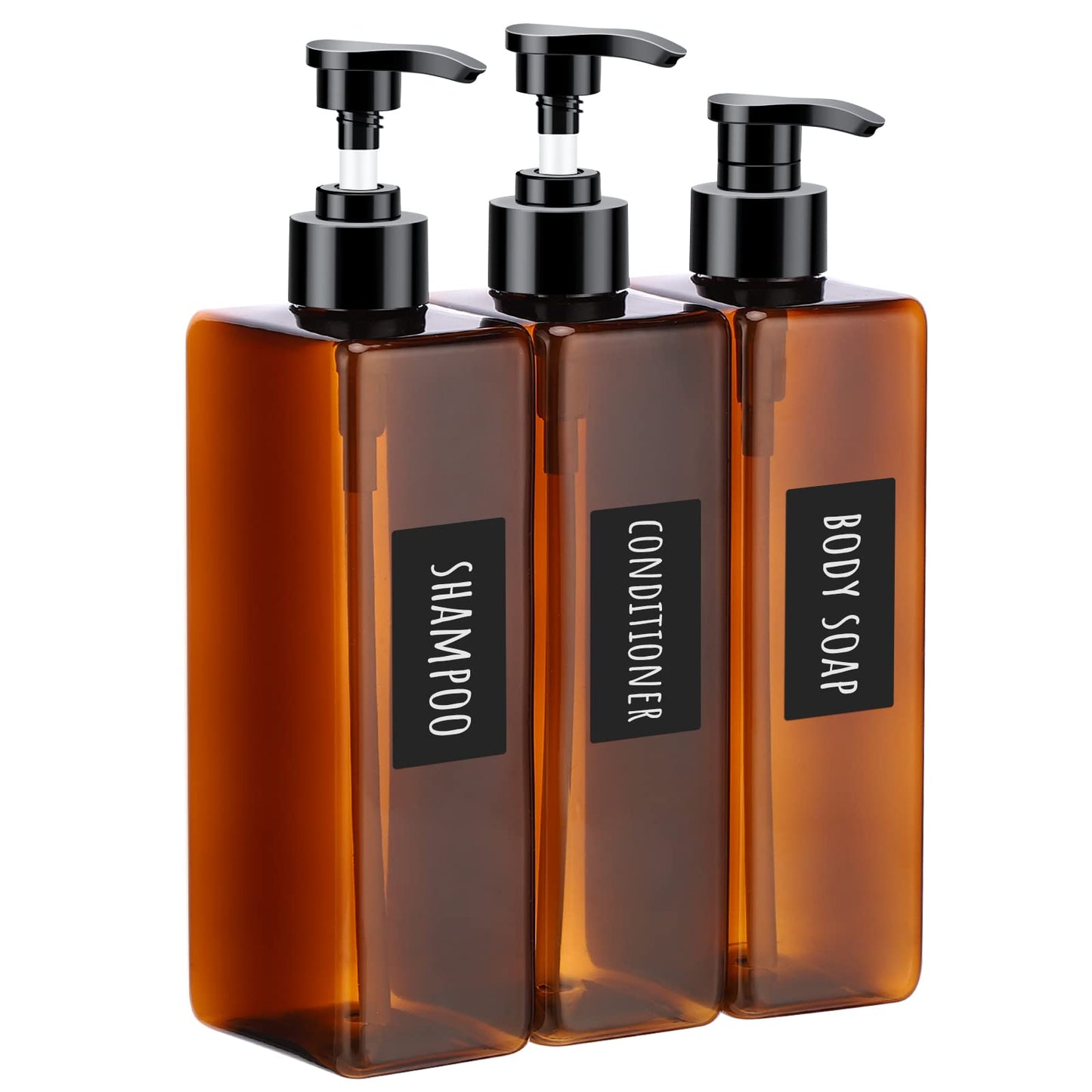 Segbeauty Shampoo Bottles, 3pcs 16.9oz 500ml Refillable Pump Dispenser with Labels, Empty Reusable Plastic Press Bathroom Hotel Shower Containers for Shampoo Conditioner Body Soap Hand Soap Gel Amber