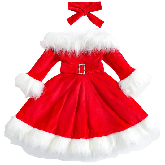 Springcmy Baby Girls Christmas Dress Velvet Santa Claus Dress Long Sleeve Plush Xmas Princess Party Cosplay Costume Dress (I-Red, 4-5 Years)