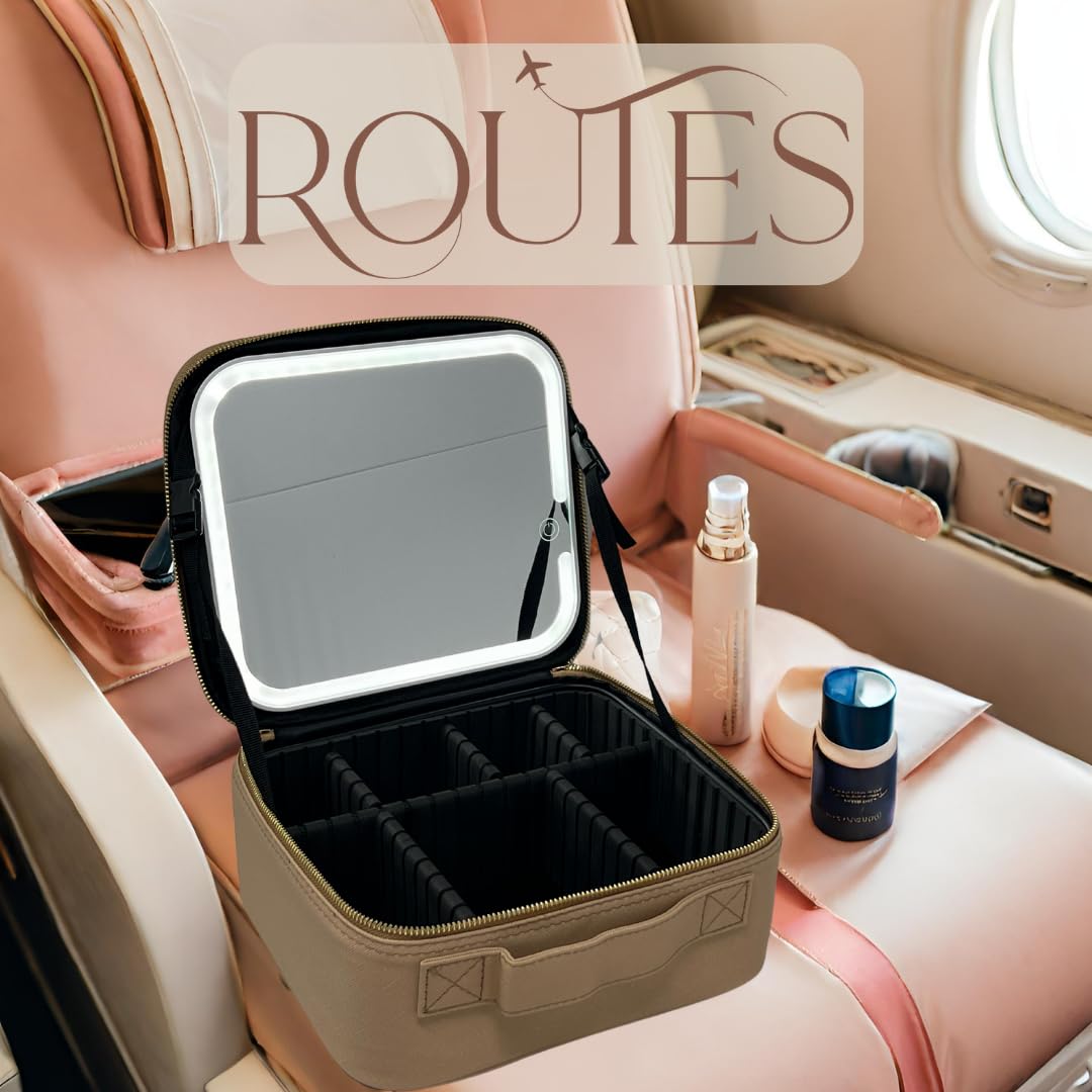 Travel Makeup bag with removable lighted mirror, Professional vanity light up station, Portable cosmetic case with adjustable compartments organizer, waterproof traveling accessories, Tan train case