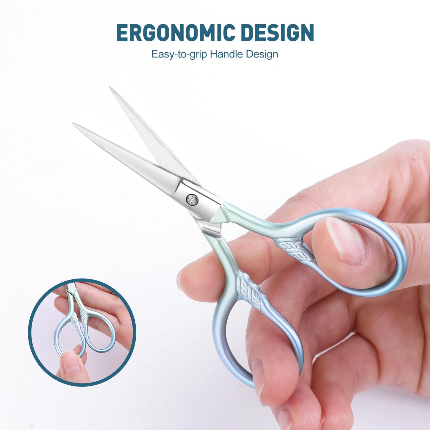 Small facial hair scissors, stainless steel (blue) versatile retro beauty kit for men's and women's bathrooms, nose hair, eyebrows, eyelashes, beard trim, with PU sheath