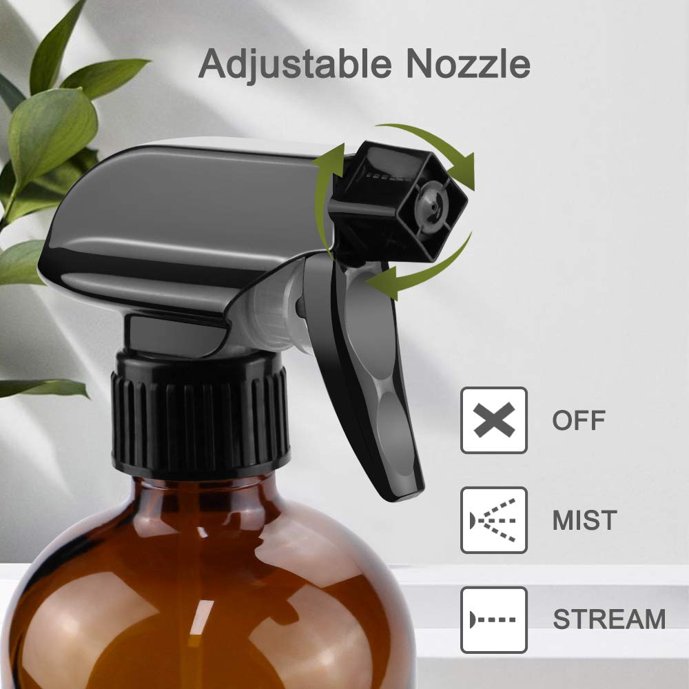 Worldgsb 16oz Amber Glass Spray Bottles - Reusable with Labels & Adjustable Nozzle for Cleaning, Food, Plants