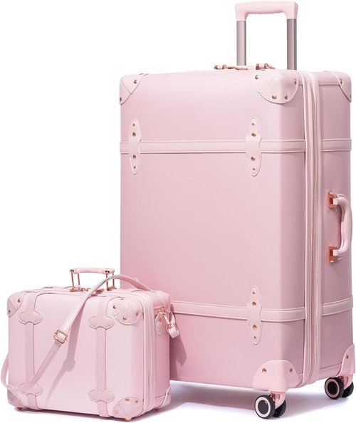 NZBZ Vintage Luggage Set - Cute Retro Expandable Suitcases for Women | Blush Pink (14" & 20")