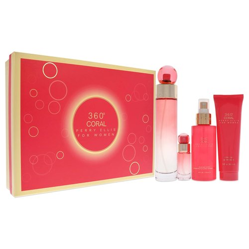 Perry Ellis 360 Coral Gift Set - 3.4oz EDP Spray, 4oz Body Mist, 3oz Shower Gel, 0.25oz EDP Spray for Women