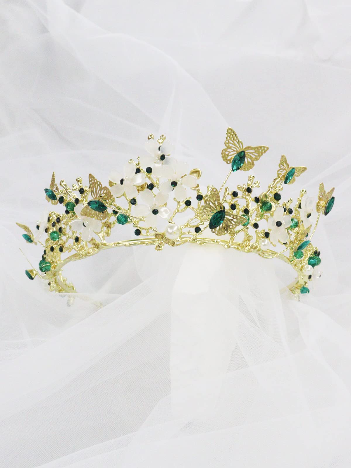 Brihasory Butterfly Queen Birthday Crowns Gold Tiaras for Bride, Crystal Royal Princess Wedding Rhinestone Headband, Costmue Party Christmas Halloween Black Prom Headpiece for Women and Girls (Green)