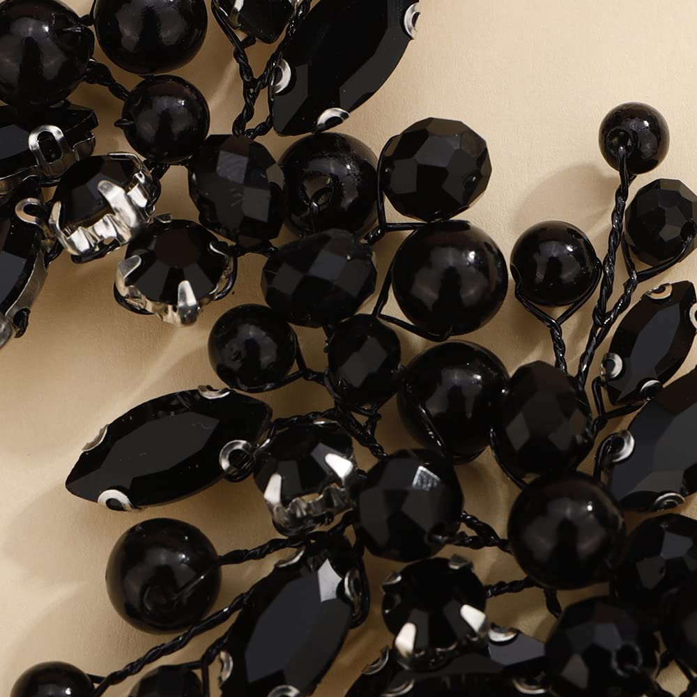 Teyglen Dainty Flower Black Rhinestones Crystal Headband Bride Wedding Pearls Headband Hair Vine Luxurious Hair Accessories Shiny Bridal Headpieces for Women Girls (Black)