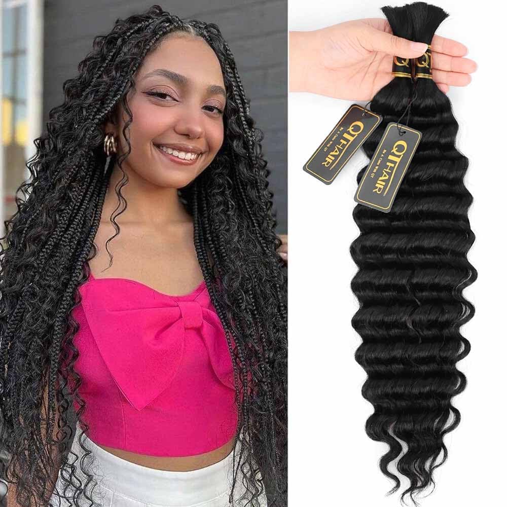 QTHAIR 14A Deep Wave Bulk Human Hair For Braiding No Weft (18", 1)100% Unprocessed Brazilian Deep Wave Human Hair Virgin Hair Extensions