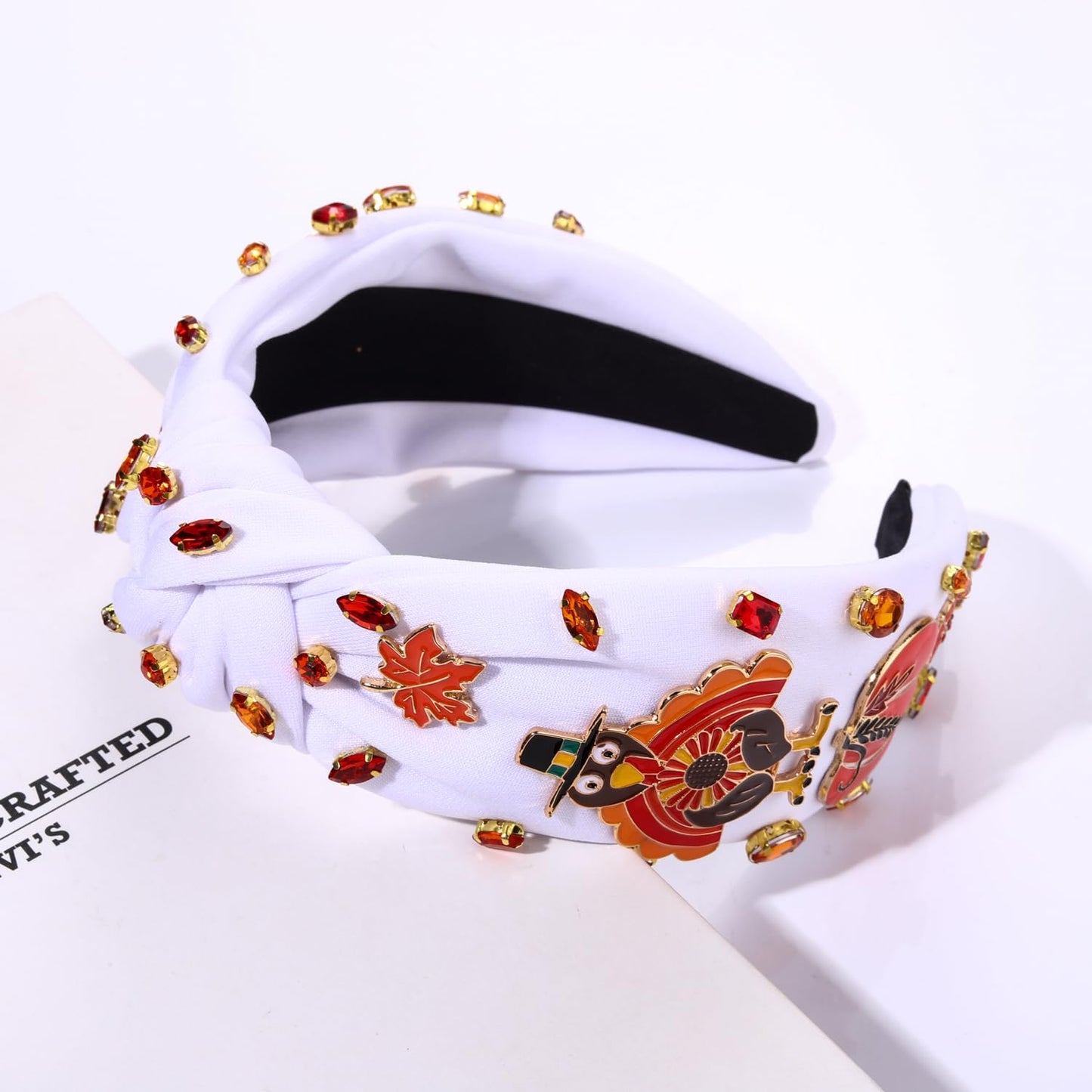 ZOLEAROPY Thanksgiving Headband Fall Headband Accessories Rhinestone Crystal Beaded Maple Leaf Knotted Hairband Fall Autumn Wide Head Band Thanksgiving Party Costume Gift