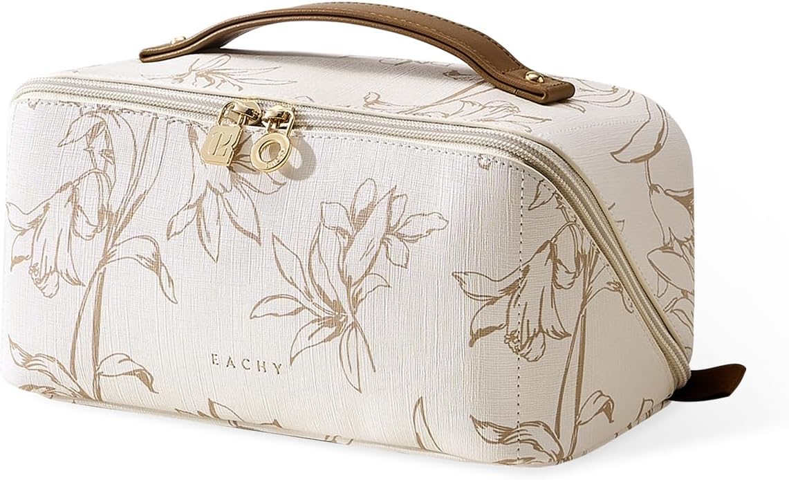 EACHY Travel Makeup Bag - Large Capacity Waterproof Cosmetic Pouch | Open Flat Design (F-Beige)