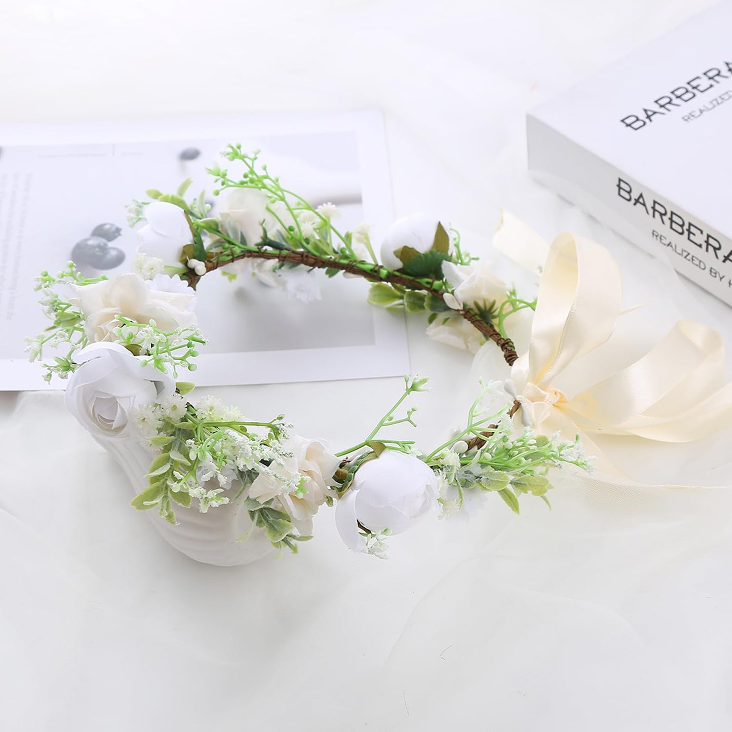 YnimioAOX Handmade Adjustable Flower Wreath Headband Halo Floral Crown Garland Headpiece,EAD3201-white