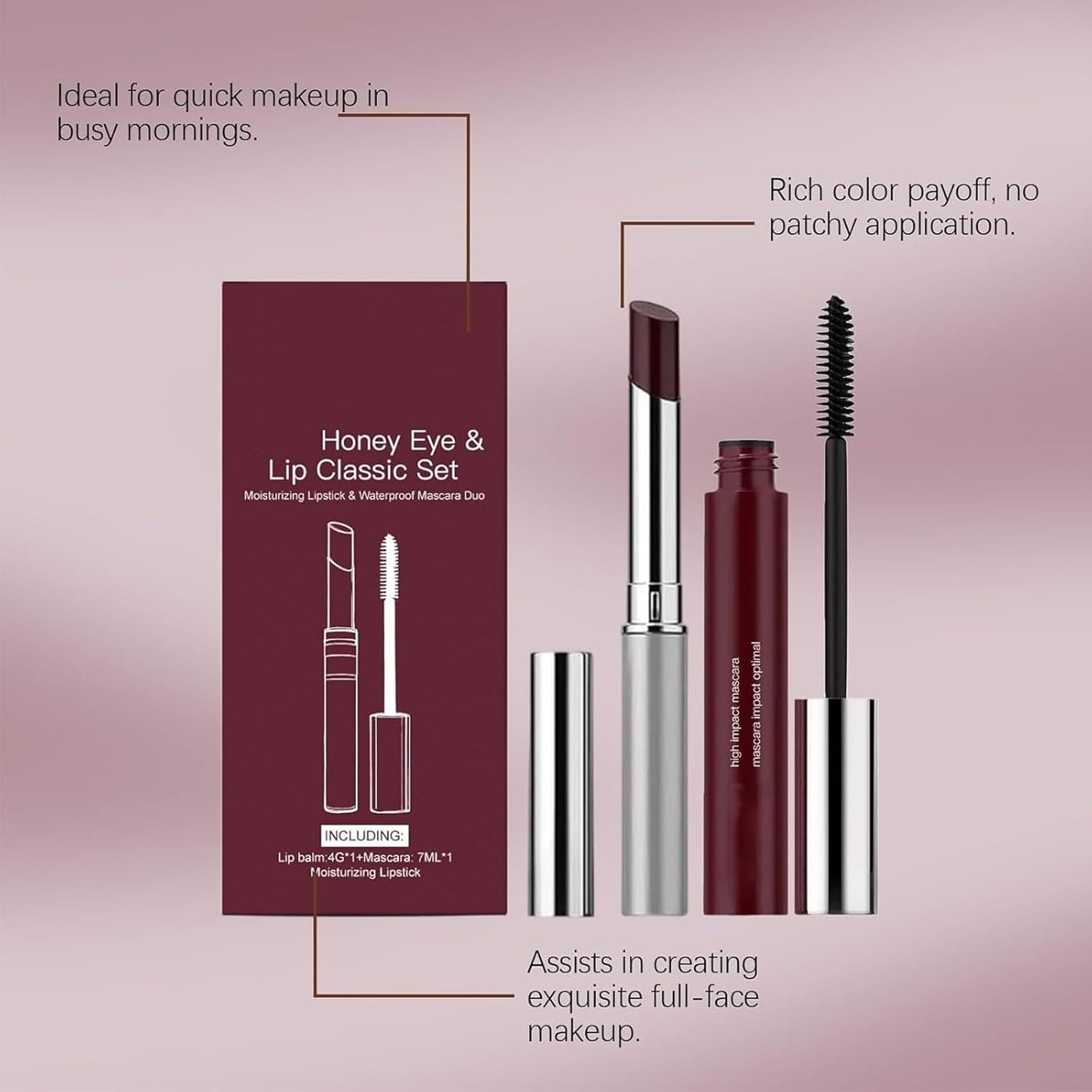 Honey | Lip & Eye Bundle Set - Almost Lipstick Honey + High Impact Mascara, Black Tinted Balm, Hydrating Finish