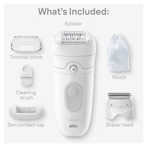 Braun Silk-épil 5 Epilator - Women's Hair Removal Device with Shaver Head & Trimmer Comb | Wet & Dry, Grey