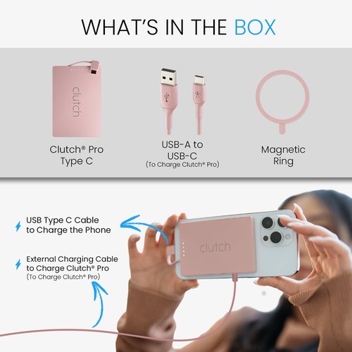 Clutch Pro Portable Charger - World's Thinnest 5000mAh USB-C Power Bank - Magnetic Cable - Pink